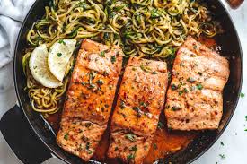 Healthy Sheet Pan Lemon Garlic Salmon & Zucchini Avocado Pesto Noodles (Easy 30-Minute Dinner)