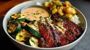 Grilled Steak Bowl with Creamy Sauce & Grilled Zucchini